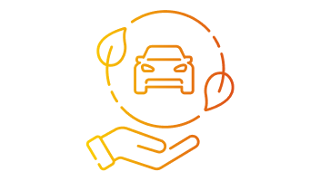 Open hand in een oranje kleurverloop. Boven de hand is een cirkel met bladeren te zien, met daarin een auto. Ook hier zien we weer een oranje kleurverloop.