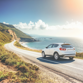 Auto rijdt door het landschap, links duinen, rechts de zee.