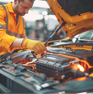 Open auto waaraan een elektricien werkt.