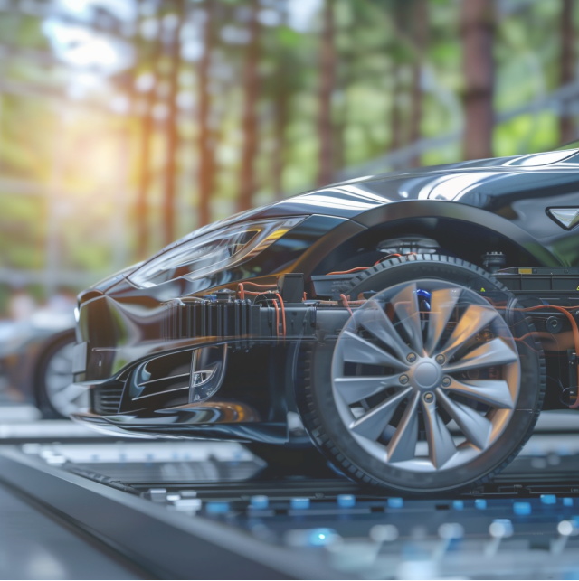 De foto toont een zijaanzicht van een elektrische auto, waarvan de verschillende onderdelen door het raam te zien zijn. De auto staat geparkeerd op een parkeerplaats in het bos.