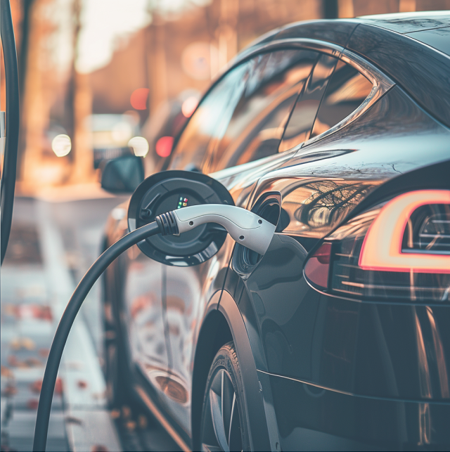 De afbeelding toont een elektrische auto tijdens het opladen.