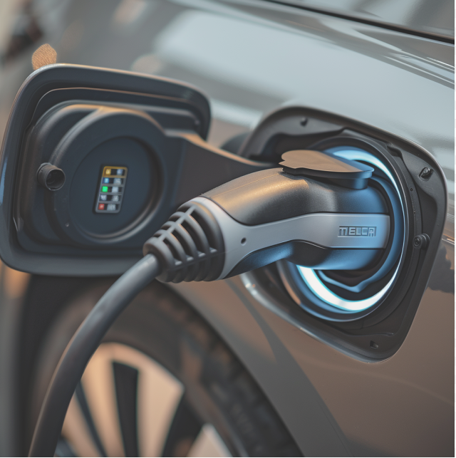 Foto van een laadkabel aangesloten op een elektrische auto.