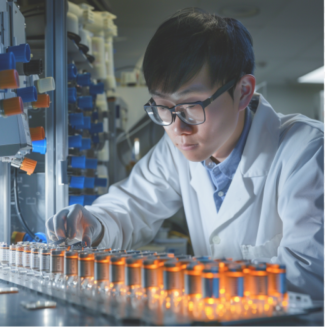 Een man onderzoekt een accu voor een elektrische auto.