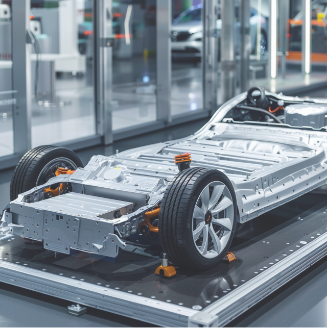 Ontwikkeling van een elektrische auto in een productiewerkplaats.