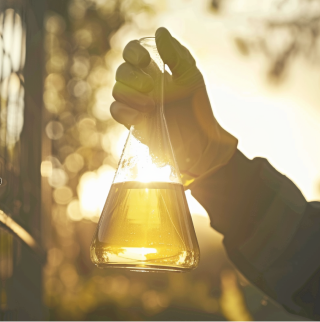 Een gehandschoende hand houdt een glazen fles met een gele vloeistof (ethanol) tegen de ondergaande zon.