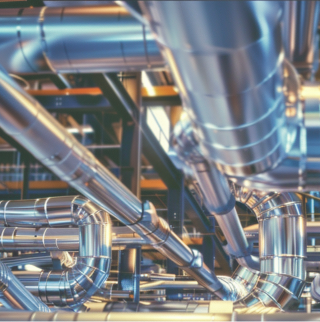 Zilveren pijpen in een fabrieksgebouw, waarin CNG in gasvorm onder hoge druk wordt getransporteerd.