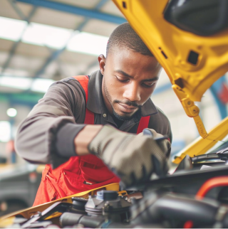 Een monteur in een rode overall past de motor aan voor CNG.