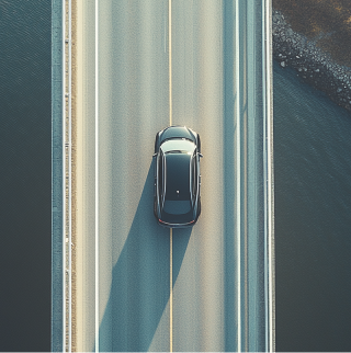 Luchtopname door een drone van een CNG-voertuig dat een brug oversteekt.