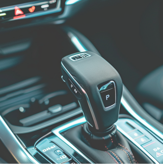 Close-up van een zwarte versnellingspook op een hybride auto.