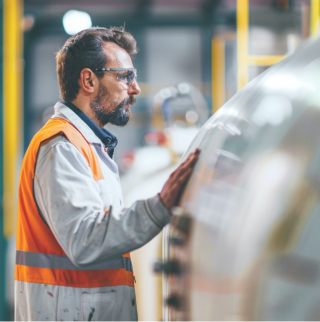 Een ingenieur in witte kleding en een oranje veiligheidsvest staat naast een LPG-tank. Hij raakt de tank met beide handen aan.