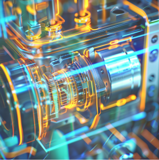 Futuristische close-up van een LPG-injector. De kleuren zijn blauw en oranje.