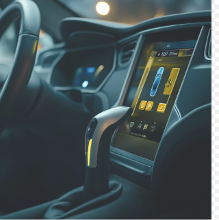 Zwarte cockpit van een elektrische auto met infotainmentsysteem en automatische versnellingspook.