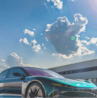 Op de voorgrond staat een futuristische turquoise elektrische sportwagen. Op de achtergrond is een zonnige blauwe lucht met een paar verspreide wolken.