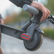 Een man draagt een elektrische scooter die hij compact heeft opgevouwen.