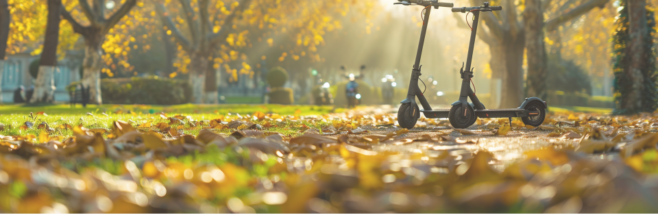 Twee elektrische scooters staan geparkeerd in het park. Bladeren bezaaien de grond en op de achtergrond zijn mensen te zien.