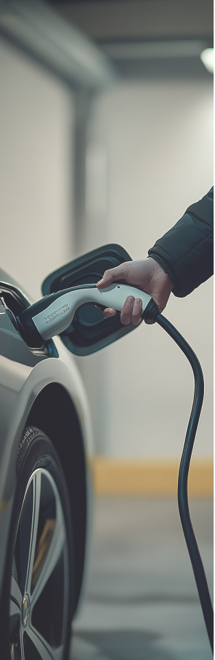 Een witte elektrische auto laadt op in een garage.