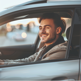Een donkerharige man zit tevreden achter het stuur van een elektrische auto.