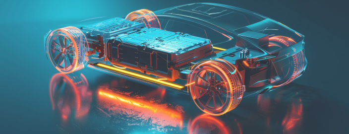Futuristisch beeld van een elektrische auto met bijzondere aandacht voor de batterij van de elektrische auto.