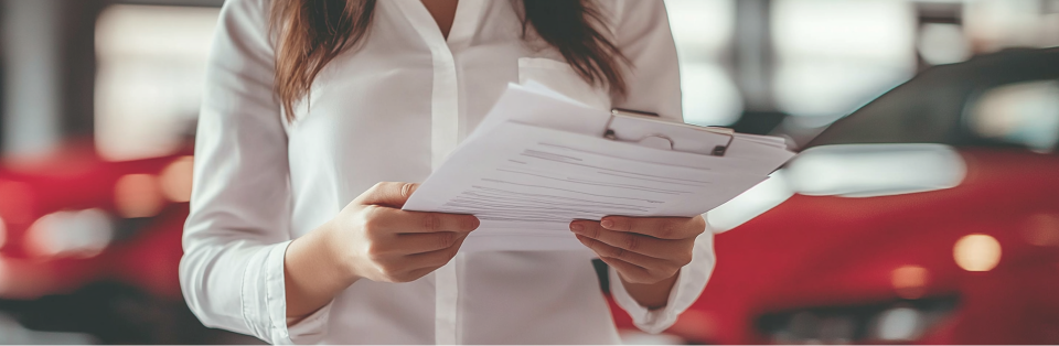 Een vrouw staat voor haar rode elektrische auto, verzekeringspapieren in de hand.
