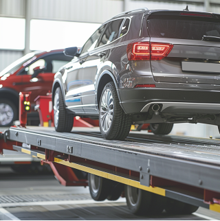 Herstellen van een auto van een speciaal ontworpen trailer.