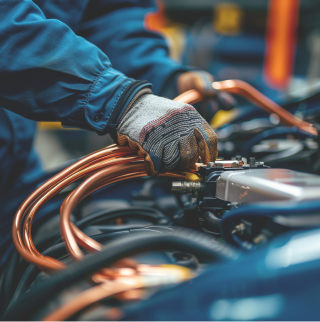 Reparatie van een auto en de koperen kabels.