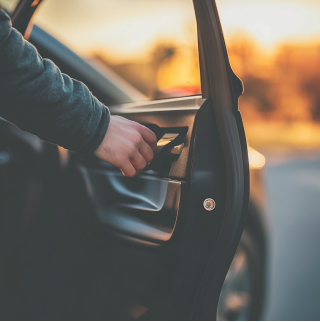 Autodeur open en zonsondergang op de achtergrond.