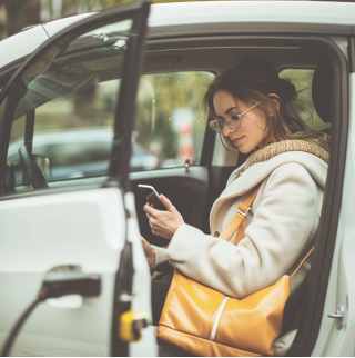 Vrouw achter het stuur van een elektrische auto met haar mobiele telefoon.