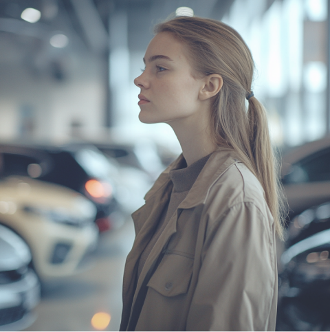 Een vrouw in een grijze jas staat in een autodealer. Op de achtergrond staan verschillende elektrische auto's in een abonnementsmodel.