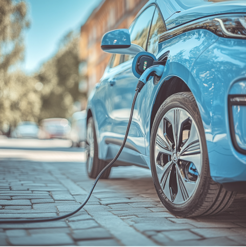 Close-up van een blauwe elektrische auto die oplaadt op een geplaveide weg.