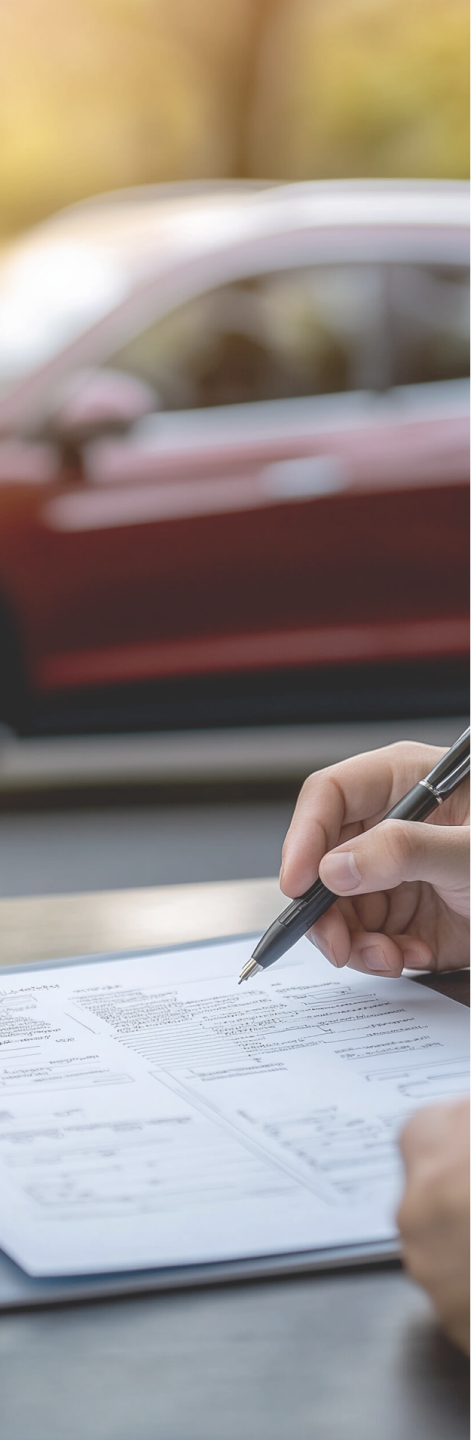 Op de voorgrond zien we een hand die een kredietcontract voor een elektrische auto ondertekent. De rode elektrische auto is vaag op de achtergrond.