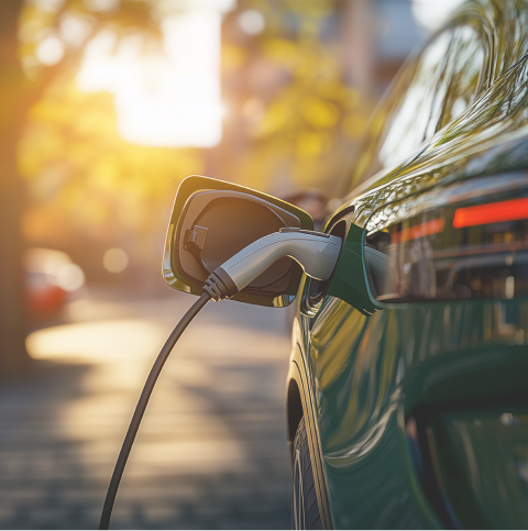 Close-up van een oplaadcontactdoos in een groene elektrische auto.