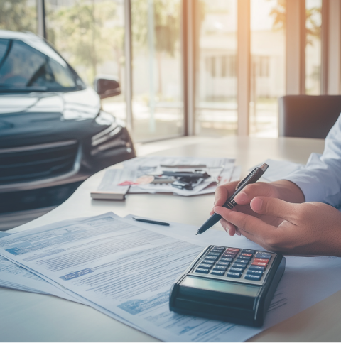 Op de voorgrond staat een tafel met documenten en een rekenmachine. Een persoon zit aan de tafel en berekent de rentepercentages die beschikbaar zijn voor een lening om een elektrische auto te kopen. Op de achtergrond is een zwarte elektrische auto te zien.