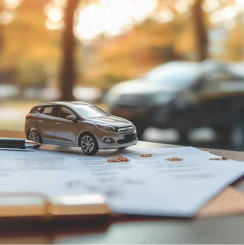 Bureau met documenten en een miniatuur elektrische auto. Een echte zwarte elektrische auto is onscherp op de achtergrond.