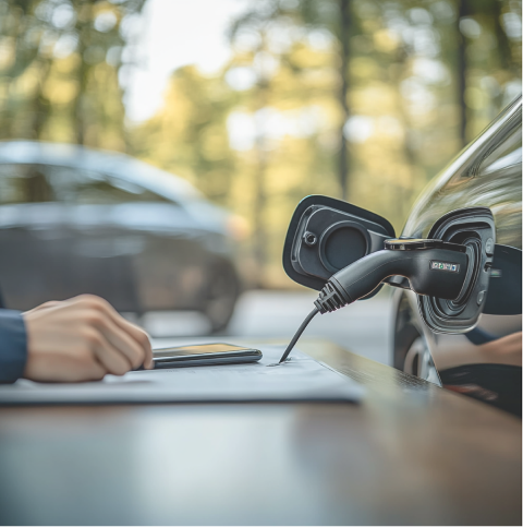 Tafel met documenten en een smartphone, waarop een man een kredietverzekering afsluit voor zijn elektrische auto. Rechts in beeld wordt een zwarte elektrische auto opgeladen.