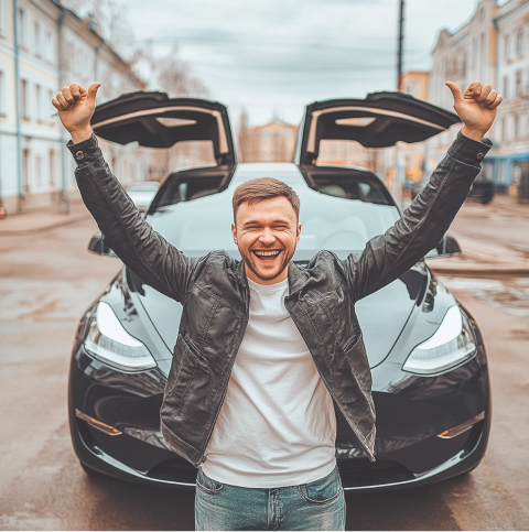 Een gelukkige man staat met uitgestrekte armen voor zijn zwarte elektrische auto met de klapdeuren open en is blij dat hij zijn auto met krediet heeft kunnen financieren..