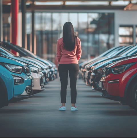 Een jonge vrouw in een roze trui staat met haar rug naar de camera in een autodealer. Voor haar staan een aantal elektrische auto's die ze kan leasen.