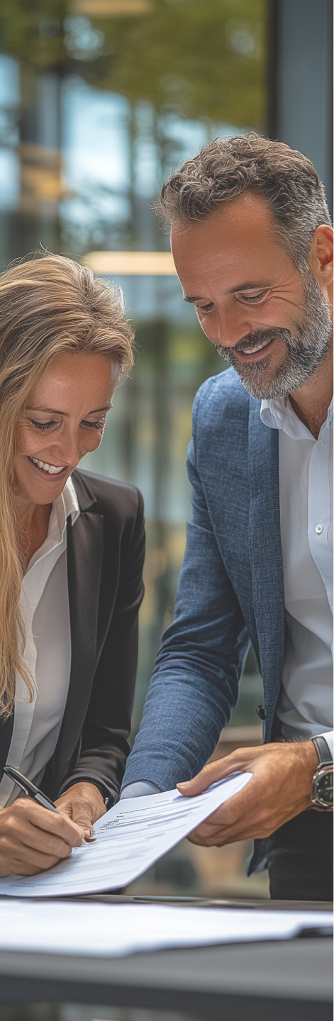 Een gelukkig stel tekent het leasecontract voor hun elektrische auto.