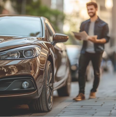 Een man met documenten in zijn hand loopt naar zijn bruine elektrische auto, die hij via een kilometerleasecontract heeft gekocht.