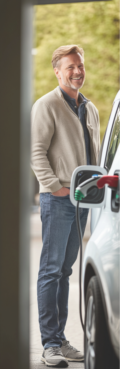 Een gelukkige man staat voor zijn witte elektrische auto terwijl deze wordt opgeladen.