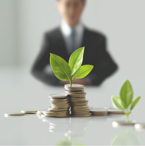 Kleine stapel munten waarop een klein plantje groeit. Op de achtergrond is een man in pak te zien. De afbeelding is bedoeld om het bestaan van publieke milieusteun voor elektrische voertuigen te illustreren.