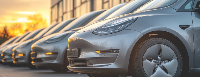 De zilverkleurige elektrische auto's van een bedrijf zijn te zien tegen de ondergaande zon voor een kantoorgebouw. Ze zijn gesubsidieerd door de staat.