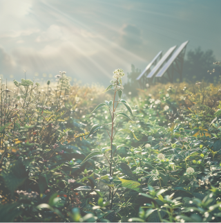 Zonnig veld met groene planten. In het midden staat een fotovoltaïsch systeem.