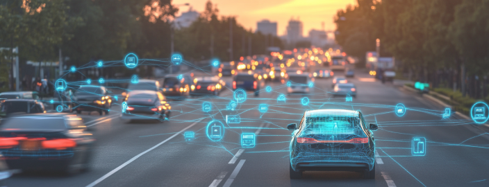 Futuristische voorstelling van een elektrische auto op een snelweg. De blauwe lichten symboliseren de verbinding tussen de auto en de infrastructuur.