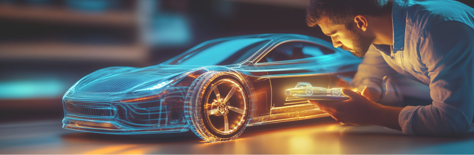 Een man in een overhemd leunt op een tafel naast het hologram van een elektrische auto en werkt op een tablet.