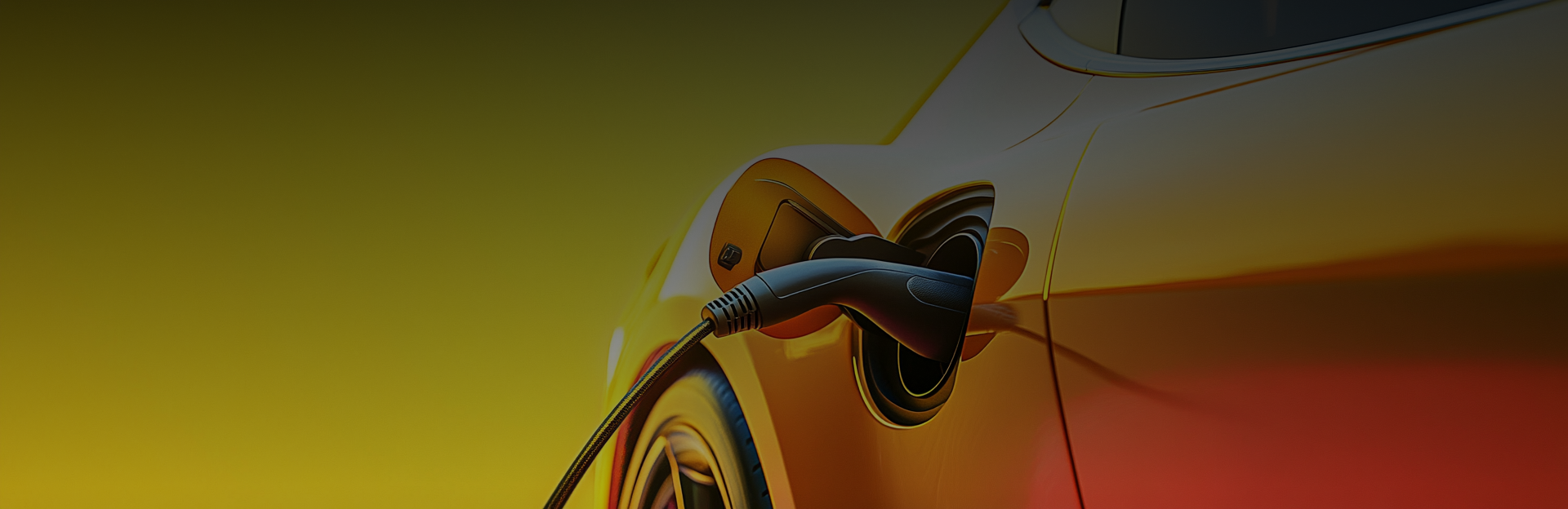 Gele elektrische auto wordt opgeladen tegen een gele achtergrond.