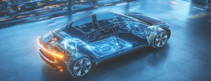 Conceptueel beeld van een auto op een blauwe achtergrond met oranje achterlichten