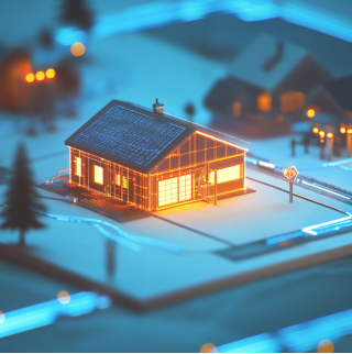 Futuristische weergave van een vrijstaand huis en de aansluiting op het omringende elektriciteitsnet.