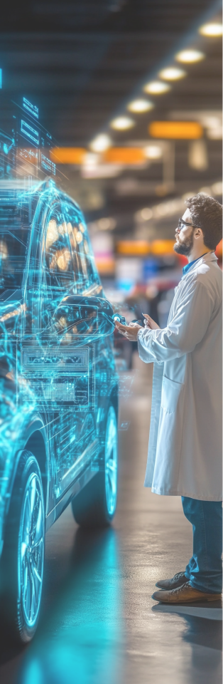 Een ingenieur in een witte jas staat voor een hologram van een elektrische auto en probeert de uitdagingen van slim opladen op te lossen.