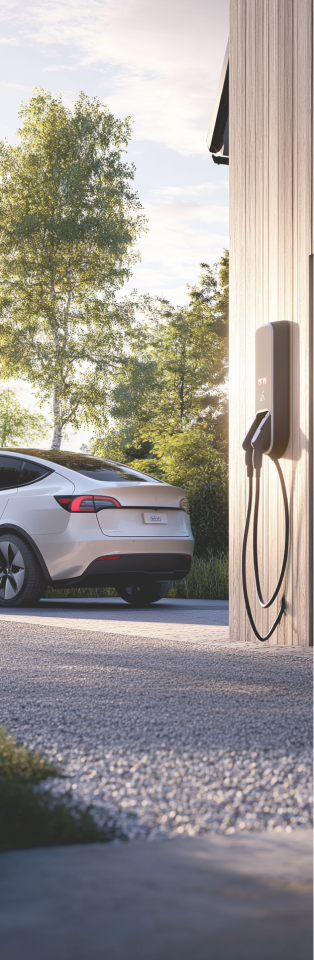 Zicht op een muur thuis met een eigen Wallbox en daarnaast de achterkant van een witte elektrische auto.