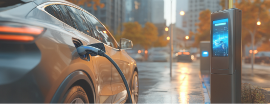 De grijze elektrische auto gebruikt de infrastructuur van een moderne stad om op te laden. 